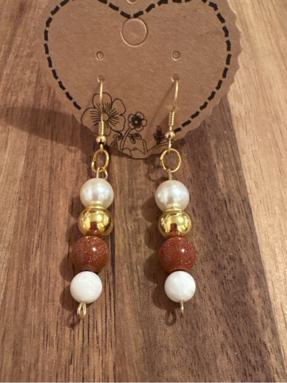 Handmade Gold, White and Brown Beaded Drop Earrings